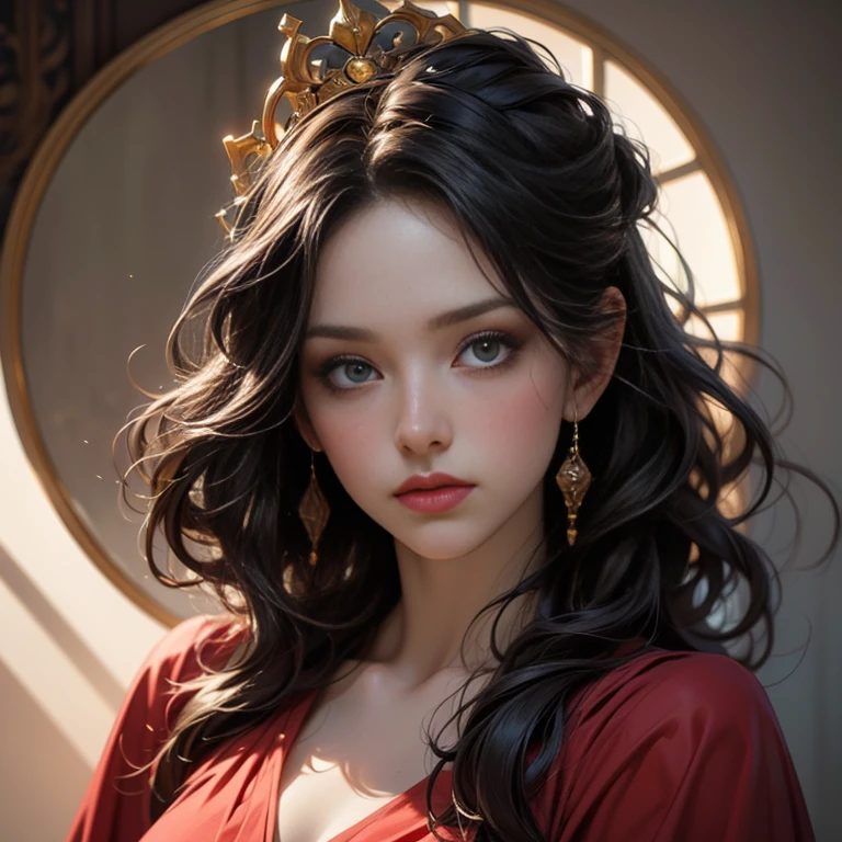 (full body portrait:1.0), a beautiful queen of hearts, elegant long red dress, flowing red cape, golden crown, striking red makeup, piercing gaze, regal posture, ornate throne, dark gothic castle, dramatic lighting, (best quality,4k,8k,highres,masterpiece:1.2),ultra-detailed,(realistic,photorealistic,photo-realistic:1.37),intricate details,cinematic composition,vibrant colors,chiaroscuro lighting,dramatic shadows,fantasy,digital art