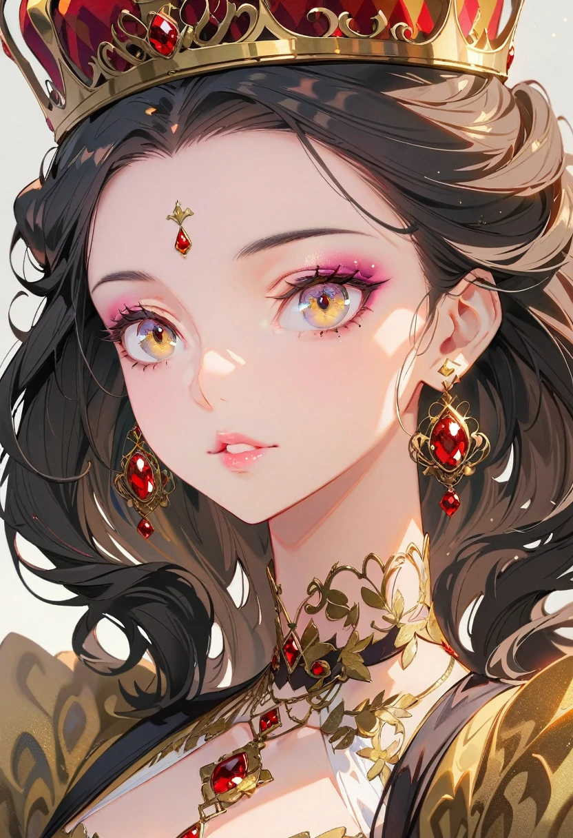 a beautiful queen, extremely detailed face, beautiful detailed eyes, beautiful detailed lips, long eyelashes, flawless skin, elaborate royal crown, ornate gold jewelry, flowing silk dress,close_up,Exquisite makeup,best quality,Amazing,masterpiece,delicate,ultra high res,ultra detailed,8K,sharp focus,(extremely detailed CG unity 8k wallpaper),