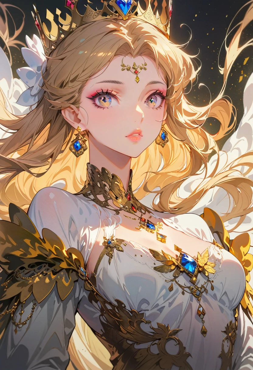 a beautiful queen, extremely detailed face, beautiful detailed eyes, beautiful detailed lips, long eyelashes, flawless skin, elaborate royal crown, ornate gold jewelry, flowing silk dress,close_up,Exquisite makeup,best quality,Amazing,masterpiece,delicate,ultra high res,ultra detailed,8K,sharp focus,(extremely detailed CG unity 8k wallpaper),