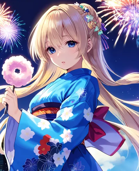 woman、blonde、blue pupil、cute yukata、night、sparkling、semi-long hair、firework、cotton candy