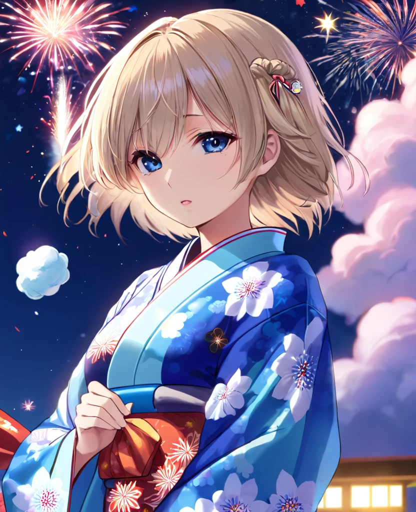 woman、Blonde、Blue pupil、Cute yukata、night、Sparkling、Semi-long hair、firework、Cotton candy