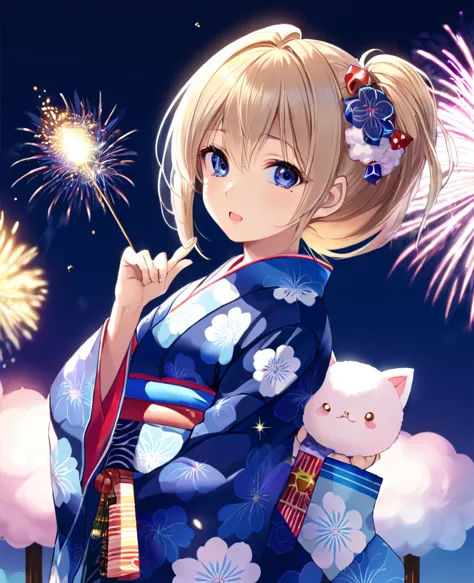 woman、blonde、blue pupil、cute yukata、night、sparkling、semi-long hair、firework、cotton candy