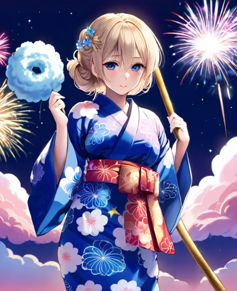 woman、blonde、blue pupil、cute yukata、night、sparkling、semi-long hair、firework、cotton candy