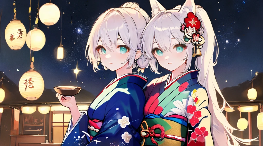 best qualtiy, A high resolution, A detailed face, A detailed eye, beautiful sexy woman,kimono, moon in background, nigh sky, holding sake in hand, Sparkle, butterflys, Fantastical,