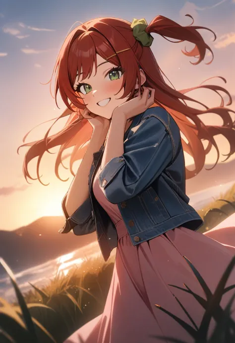 1girl, sakimiya iruka, dolphin wave, 
green eyes, red hair, one side up, hair ornament, green scrunchie, 
pink dress, denim jack...