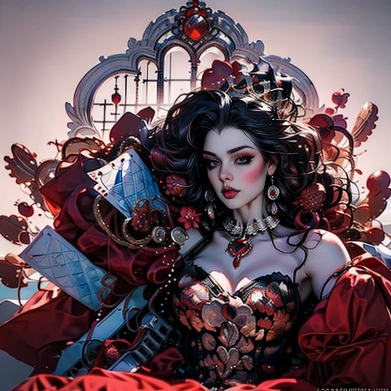 (full body portrait:1.1), a beautiful queen of hearts, elegant long red dress, flowing red cape, golden crown, striking red makeup, piercing gaze, regal posture, ornate throne, dark gothic castle, dramatic lighting, (best quality,4k,8k,highres,masterpiece:1.2),ultra-detailed,(realistic,photorealistic,photo-realistic:1.37),intricate details,cinematic composition,vibrant colors,chiaroscuro lighting,dramatic shadows,fantasy,digital art
