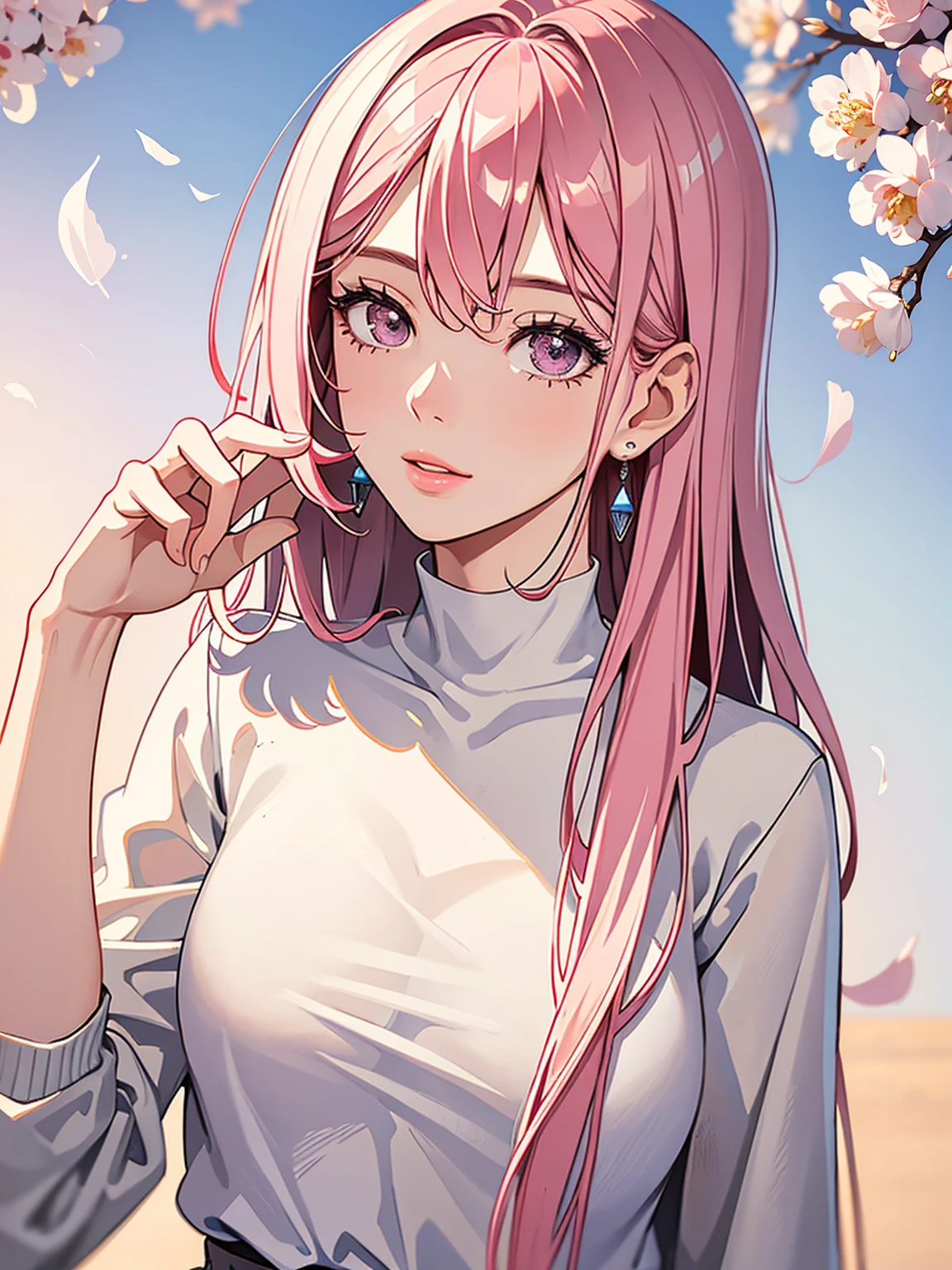 (masterpiece, high quality, best quality, 4k, 8k:1.4), 1girl, solo, pink hair, brown eyes, double-parted bangs, long hair, (mature female, mature:1.2), mole under eye, earrings, tight white and red dress, detailed face, beautiful detailed eyes, beautiful detailed lips, extremely detailed face, long eyelashes, intricate details, soft lighting, soft color pallette, perfect anatomy