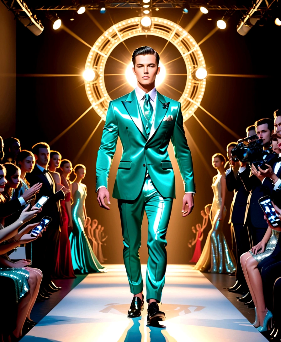 Countless spotlights shine on the runway. Models in glittering outfits posed for photos as a large audience watched. In the center, a man walks with a confident expression on his face.