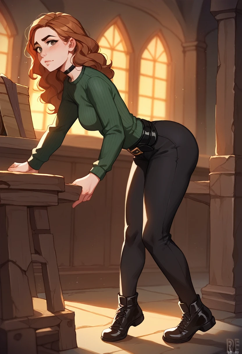 Young Hermione from Hogwarts, With a rude look,wearing a sexy black turtleneck,black skinny leggings, High Black Shoes, black belt on the waist,black choker around the neck, Posing passionately in doggy style, located at Hogwarts