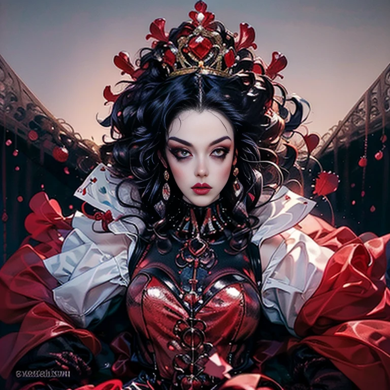 full body portrait a beautiful queen of hearts, elegant long red dress, flowing red cape, golden crown, striking red makeup, piercing gaze, regal posture, ornate throne, a background filled with pink and red roses, dramatic lighting, (best quality,4k,8k,highres,masterpiece:1.2),ultra-detailed,(realistic,photorealistic,photo-realistic:1.37),intricate details,cinematic composition,vibrant colors,chiaroscuro lighting,dramatic shadows,fantasy,digital art