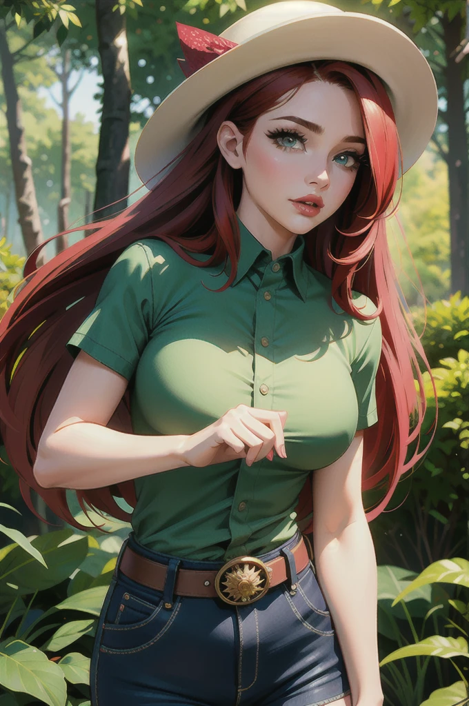 ((best quality)), ((masterpiece)), (intricate details, hyperdetailed:1.15), 35mm, bokeh, (perfect face, highest detailed face), (cowboy shot, mid-angle shot), fashion photography of jessicaranger, 1girl, (red hair:1.3), long hair, hair over one eye, green eyes, lipstick, makeup, hat, green shirt, short sleeves, shorts, belt, white gloves, ranger uniform, lips, large breasts, beautiful,, mascara, lip gloss, perfect eyes, long eyelashes, long hair, looking at viewer, 8k, shiny, glow, (bloom), beautiful girl, photoshoot, in national park, forest setting,