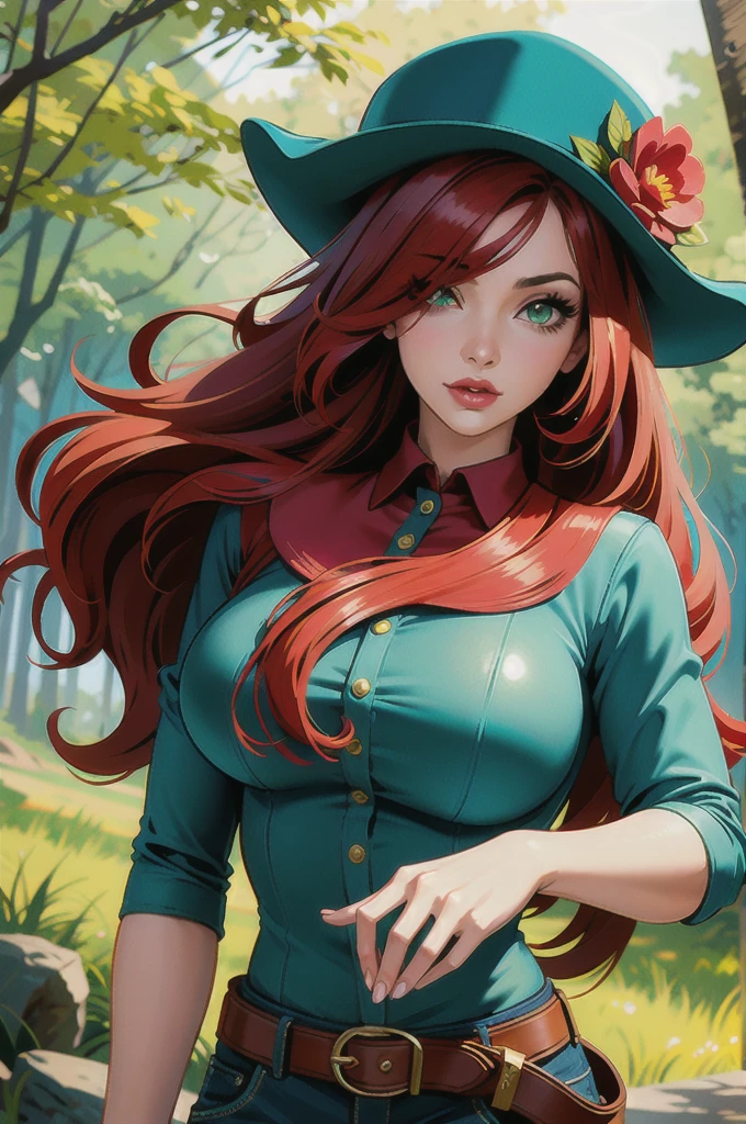 ((best quality)), ((masterpiece)), (intricate details, hyperdetailed:1.15), 35mm, bokeh, (perfect face, highest detailed face), (cowboy shot, mid-angle shot), fashion photography of jessicaranger, 1girl, (red hair:1.3), long hair, hair over one eye, green eyes, lipstick, makeup, hat, green shirt, short sleeves, shorts, belt, white gloves, ranger uniform, lips, large breasts, beautiful,, mascara, lip gloss, perfect eyes, long eyelashes, long hair, looking at viewer, 8k, shiny, glow, (bloom), beautiful girl, photoshoot, in national park, forest setting,