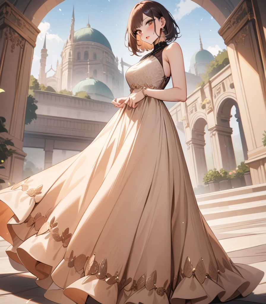 Girl, masterpiece, best quality, highest resolution, very detailed, modern, elegant. Fashionable long dress, peach embellished fabric, red lips, brown eyes, picturesque background, 