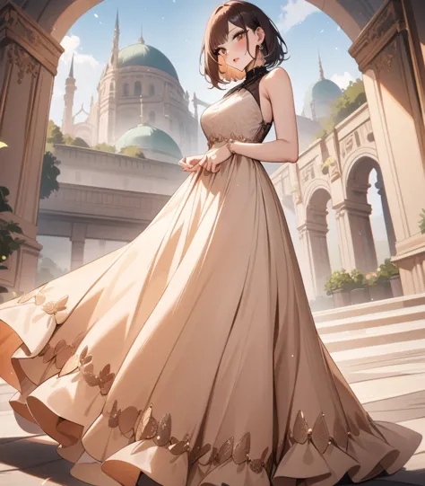 Girl, masterpiece, best quality, highest resolution, very detailed, modern, elegant. Fashionable long dress, peach embellished f...