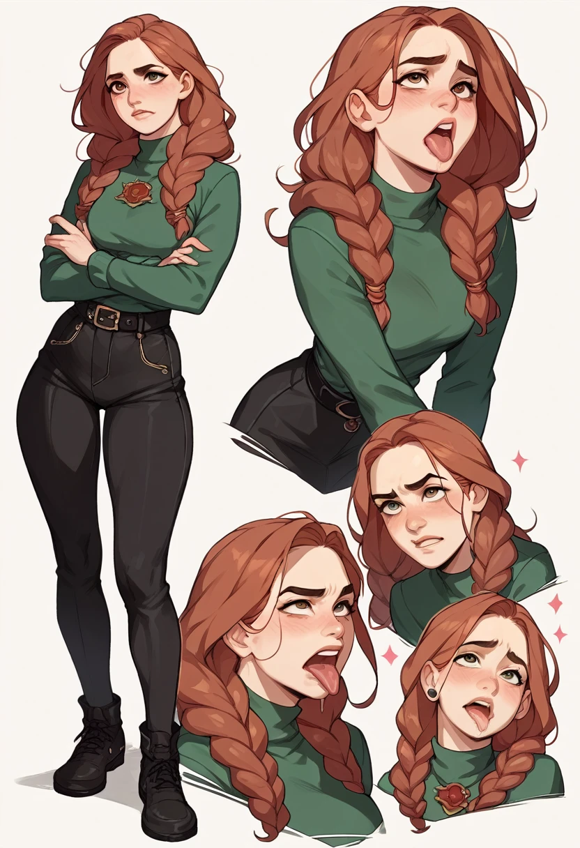 Young Hermione from Hogwarts, With a rude look,wearing a sexy black turtleneck,black skinny leggings, High Black Shoes, black belt on the waist,black choker around the neck, Poses passionately rolling her eyes and sticking out her tongue,Drooling, located at Hogwarts