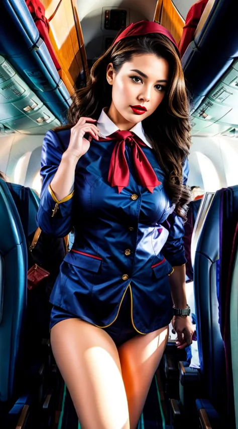 Sexy Stewardess (Air Stewardess) On the plane, with sexy tight fit and deep neckline. big breasts, Red lips, tied hair, typical ...