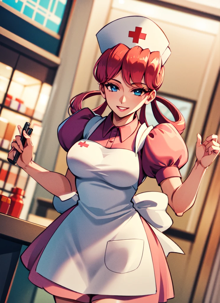 ((best quality)), ((highly detailed)), detailed face, beautiful face, , (1girl), (solo), dynamic pose, cowboy shot, ((wide shot)), nurse joy (pokemon), pink hair, hair rings, blue eyes, smiling, cap, pink dress, puffy sleeves, apron, (inside, in a shopping mall)