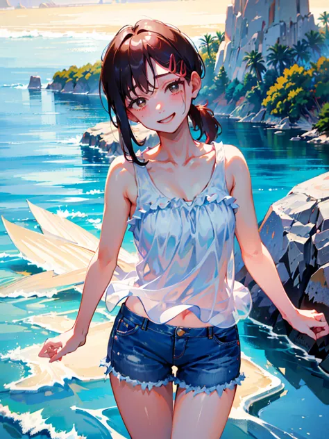 masterpiece, mafuyu, 1girl, solo, upper body, standing, looking at viewer, bare shoulders, smiling, outdoors, detailed face, bea...