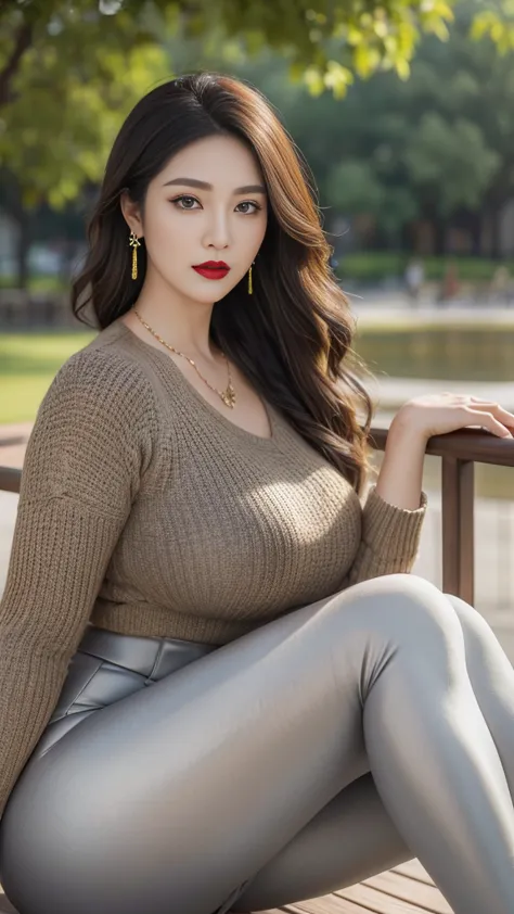 chinese mature woman, park background, light brown clothes (no cleavage), thighs, makeup, (lipstick: 1.1), (eyeliner: 1.2), masc...