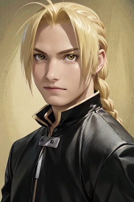 masterpiece, best quality, wallpaper, 1boy, solo, male focus, looking at viewer, realistic, edward_elric, blonde hair, yellow eyes, braid, single braid, braided ponytail, single mechanical arm, 32k resolution, ikemen