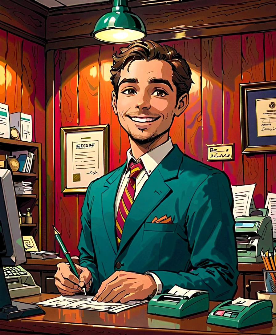 A bank teller. Bank employees can be seen over the counter. Documents, writing utensils, and seals are placed at the counter. A man receives a receipt with a smile filled with relief and a sense of accomplishment.