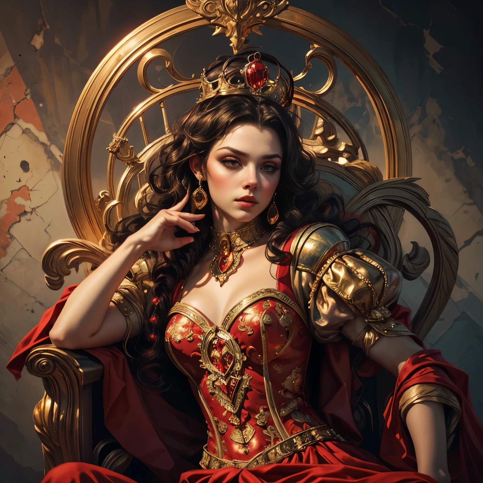 (full body portrait:1.1), a beautiful queen of hearts, elegant long red dress, flowing red cape, golden crown, striking red makeup, piercing gaze, regal posture, ornate throne, a background filled with pink and red roses:1.1, dramatic lighting, (best quality,4k,8k,highres,masterpiece:1.2),ultra-detailed,(realistic,photorealistic,photo-realistic:1.37),intricate details,cinematic composition,vibrant colors,chiaroscuro lighting,dramatic shadows,fantasy,digital art