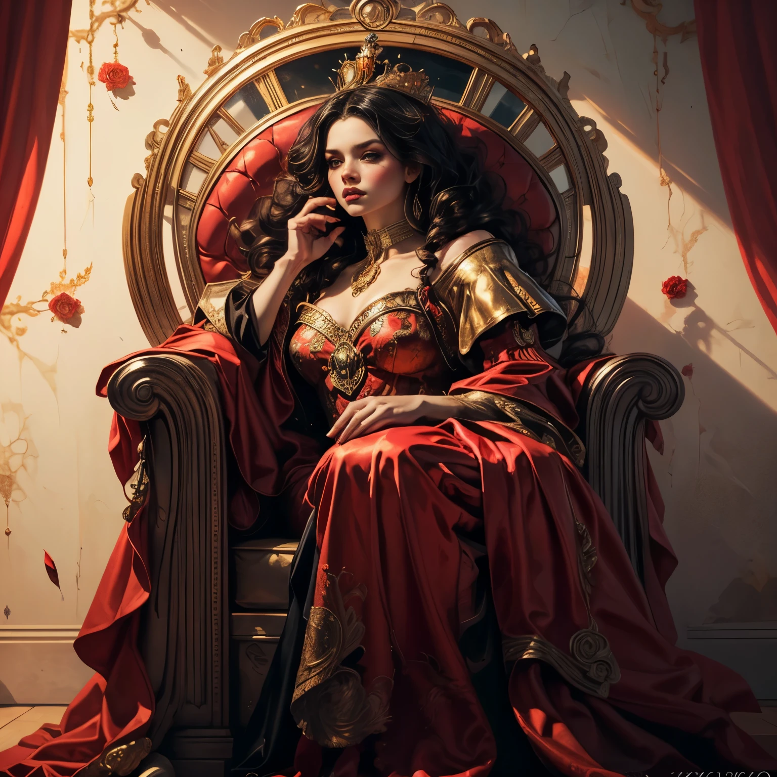 (retrato de cuerpo completo:1.1), una hermosa reina de corazones, elegante vestido largo rojo, Capa roja que fluye, Corona de oro, maquillaje rojo llamativo, mirada penetrante, postura regia, Trono adornado, un fondo lleno de rosas rosadas y rojas:1.1, iluminación dramática, (mejor calidad,4k,8K,alta resolución,obra maestra:1.2),ultra detallado,(Realista,photoRealista,photo-Realista:1.37),detalles intrincados,composición cinematográfica,Colores vibrantes,chiaroscuro lighting,sombras dramáticas,fantasía,arte digital