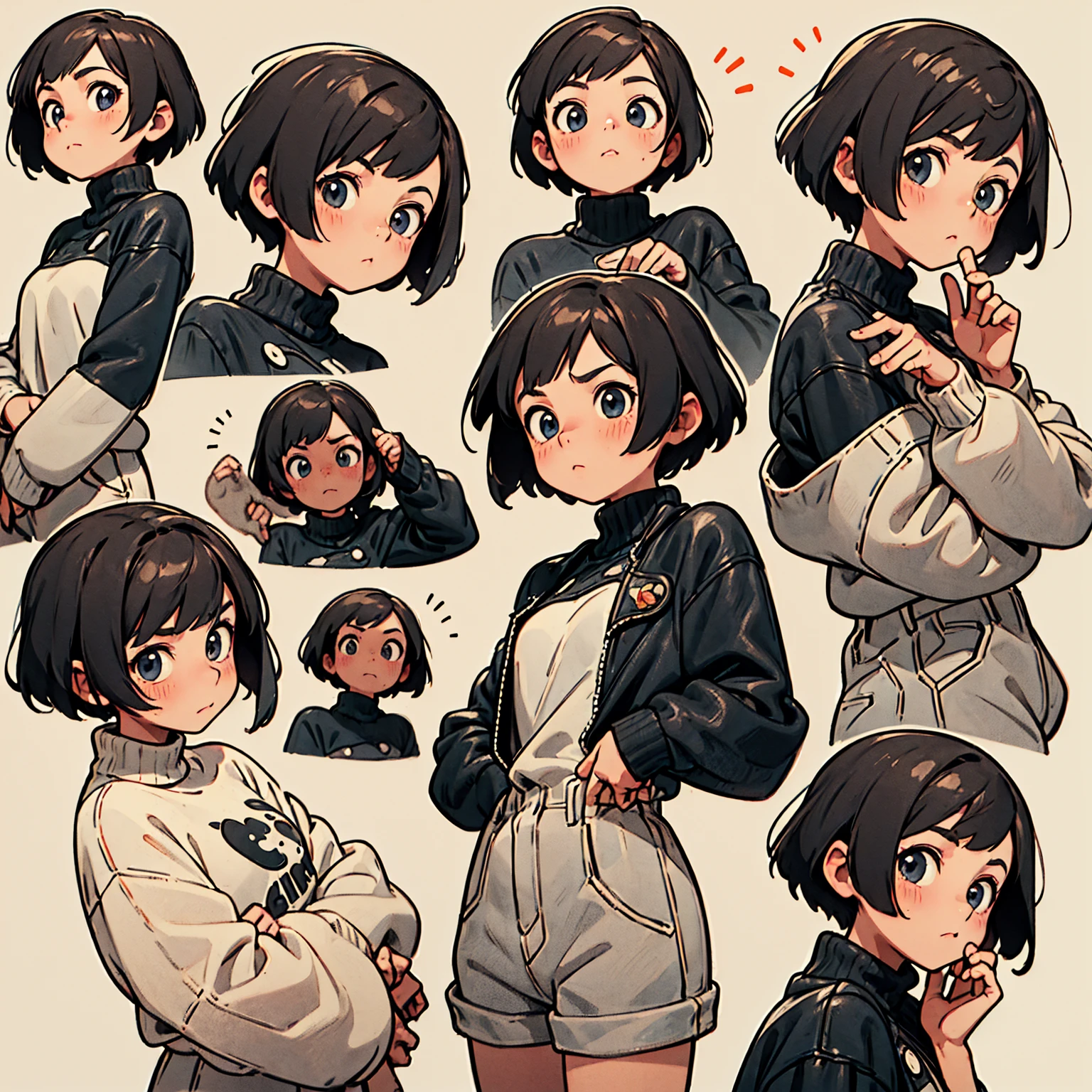 8K quality,(super masterpiece:1.3),Highest quality,Detailed Images,The real picture,Natural lighting,symmetrical beauty,1 female,9 expressions,Nine portraits,lots of sketches,Yuffie Kisaragi,Hairstyle(short hair),clothing(head band,turtleneck,No sleeve,Shorts),(very cute:1.3),(Face directly towards the camera,Looking directly at the viewer,looking at the camera,The body faces the viewer,The body is facing the direction of the camera,Face looking straight into the camera).