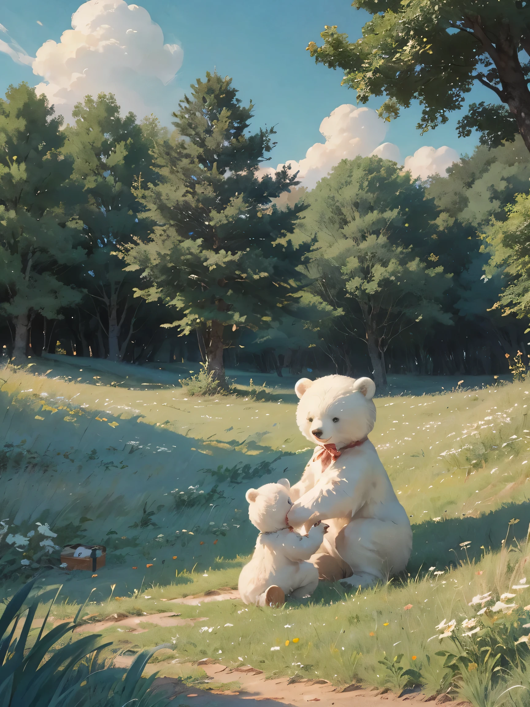 ((several white bears))，(Play in the fields, paddy，cute white bear, Cute girls), Ghibli background style, Yuru Chara Style，Cute storybook illustrations, , Soft light, cream, Giorgio Morandi colors, Thick Line Graph, Full color illustrations, Picnic in the forest, Cover Illustration, landscape，truck，grassland fields，grassland，plant，Natural Style, (light:1.0)，masterpiece，Best quality,