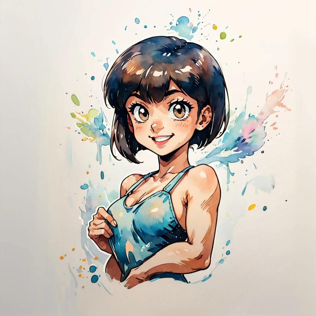 1girl, TendouNabiki, simple art, cute, watercolor, white background, looking at the viewer, AkaneYellowSwimsuit, big smile