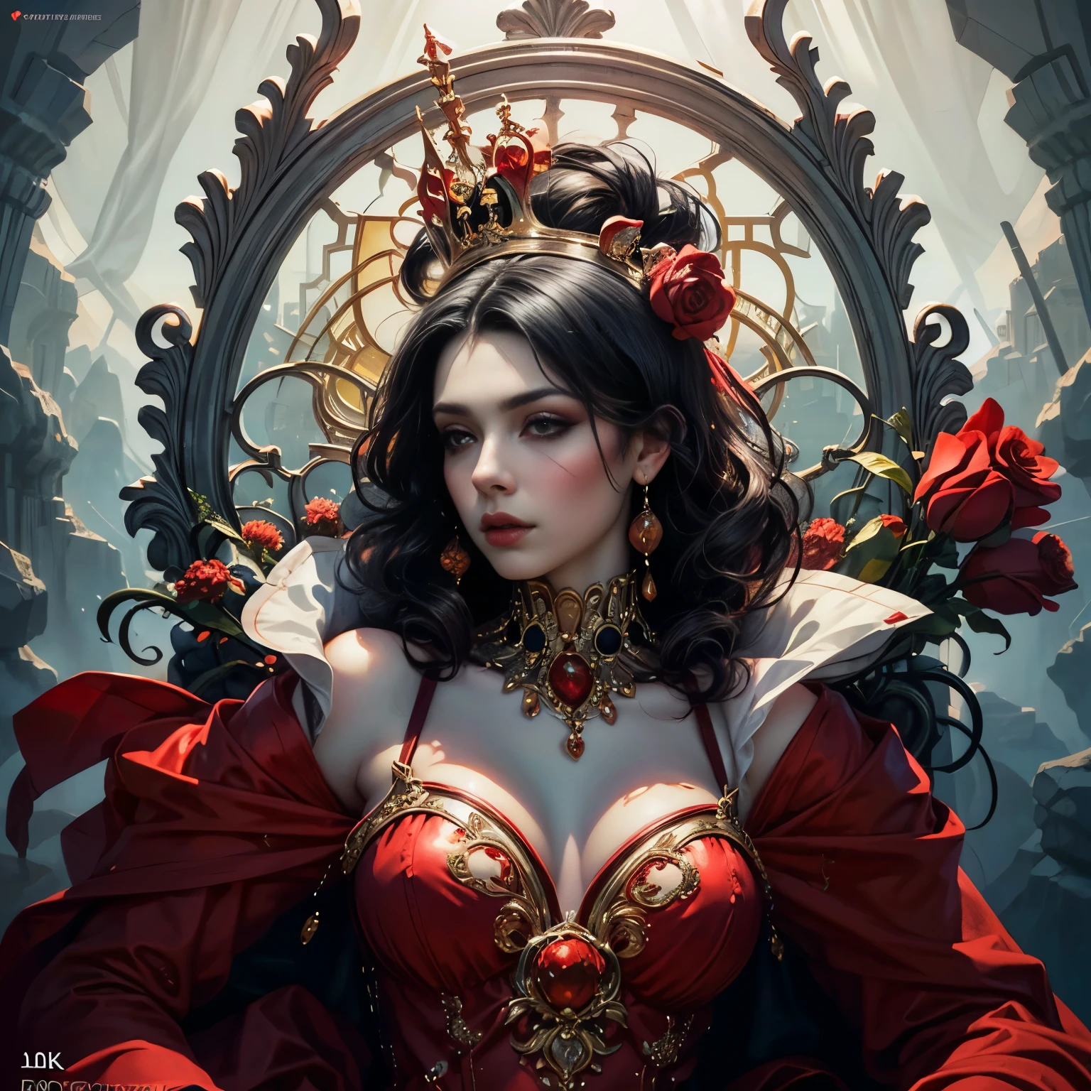 (retrato de cuerpo completo:1.1), una hermosa reina de corazones, elegante vestido largo rojo, Capa roja que fluye, Corona de oro, maquillaje rojo llamativo, mirada penetrante, postura regia, Trono adornado, un fondo lleno de rosas rosadas y rojas:1.1, iluminación dramática, (mejor calidad,4k,8K,alta resolución,obra maestra:1.2),ultra detallado,(Realista,photoRealista,photo-Realista:1.37),detalles intrincados,composición cinematográfica,Colores vibrantes,chiaroscuro lighting,sombras dramáticas,fantasía,arte digital