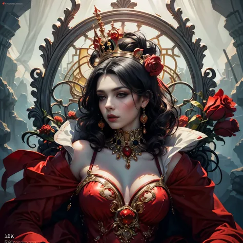 (full body portrait:1.1), a beautiful queen of hearts, elegant long red dress, flowing red cape, golden crown, striking red make...