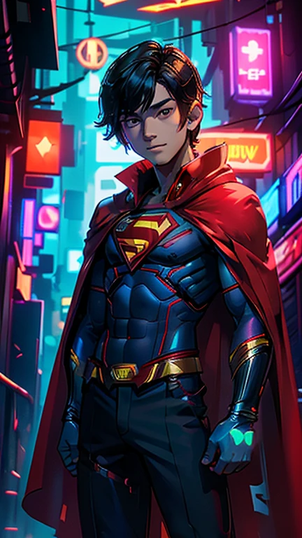 best quality,masterpiece,1boy,solo,(((13years old))),japanese boy,an extremely cute and handsome boy,highly detailed beautiful face and eyes,petit,cute face,lovely face,baby face,shy smile,show teeth, Black hair,Short hair,flat chest,skinny,slender,(((wearing a Superboy costume,red cape))),(((standing in Dark Midnight Neon Glow light Cyberpunk metropolis city))),he is looking at the viewer,