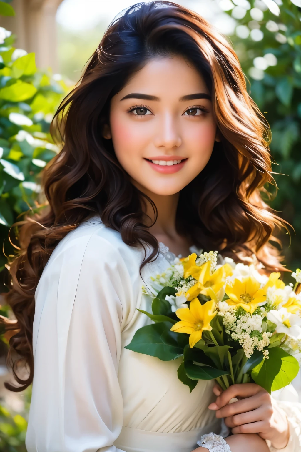 (majestic:1.5), (hyperrealistic:1.5), ultra detailed, ultra resolution, RAW, 16k, 32k, Soft focus captures the stunning Indian girl, 18 years old, with long hair and a radiant smile, surrounded by lush flowers in a picturesque garden. She wears a flowing intricately designed wedding dress, holding a delicate bouquet against a crystal-clear blue sky without a cloud. The cinematic lighting accentuates her features, highlighting the vibrant colors of her attire and the intricate details of her facial expression. The cowboy shot framing emphasizes her beauty, with perfect light illuminating every aspect of this breathtaking scene.,rashmika,1 girl 