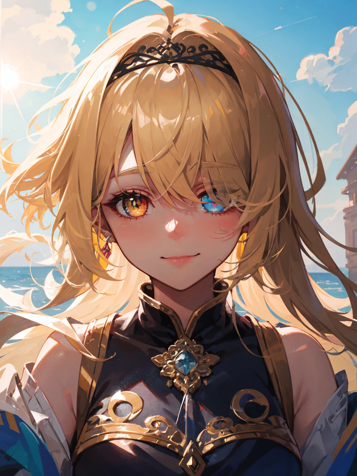 masterpiece, best quality, best quality, (Intricate detailed:1.2), beautiful eyes, (heterochromia), (messy hair), (hair over one eye), 1girl, solo, outdoors, blue sky, cloudy, bokeh, lens flare, anamorphic lens flare, depth of field, seductive face, seductive smile, heanna_sumire, yellow hair, red headband, 