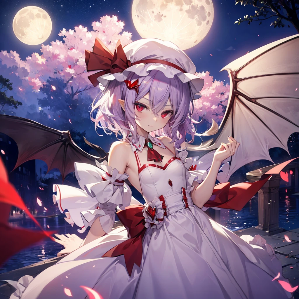 (((Remilia Scarlet)))　(((Close-up)))，((night　full moon　My own big wings))，(Light)，　A tense look　Shining Background　Shining Edge　smile