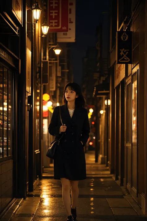 Korea girl walking on the street, cinematic style soft lighting glow effect