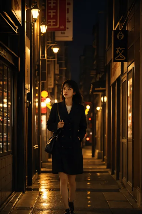 korea girl walking on the street, cinematic style soft lighting glow effect