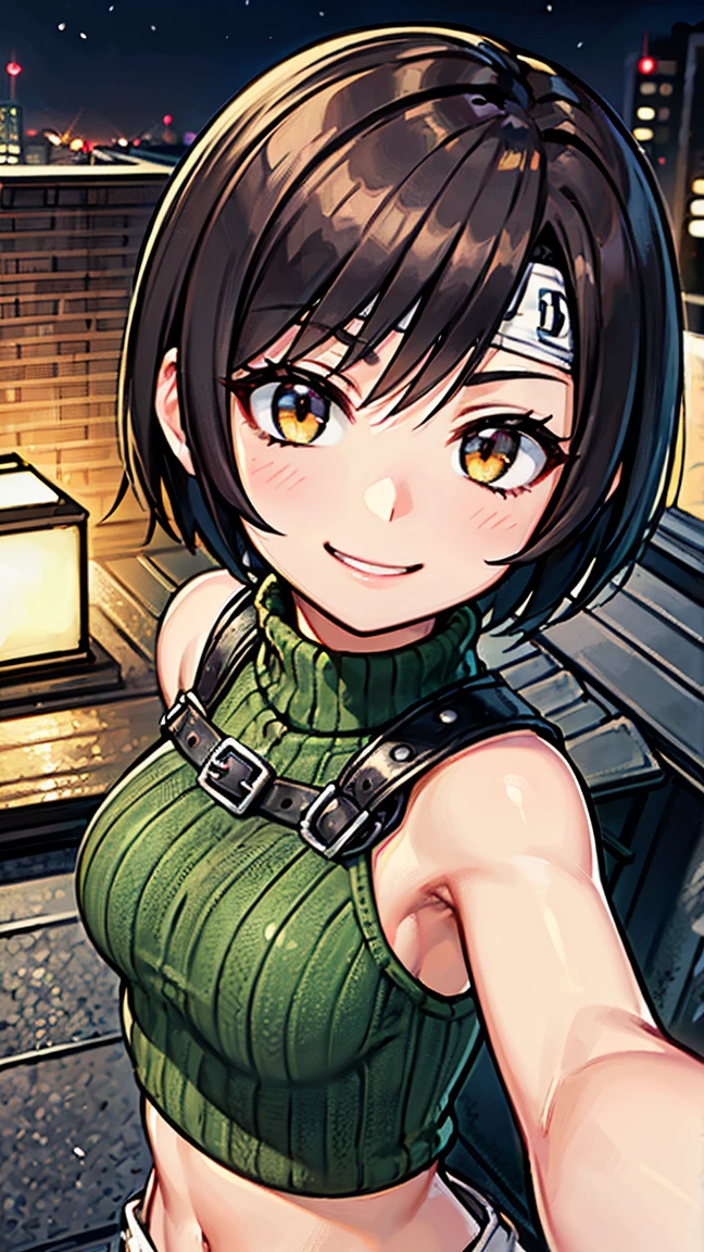 8K quality,(super masterpiece:1.3),Highest quality,Detailed Images,The real picture,Natural lighting,symmetrical beauty,1 female,Yuffie Kisaragi,20-year-old,(微smile,smile,smile),Hairstyle(short hair),head band,turtleneck,No sleeve,(very cute:1.3),background(On the roof,rooftop,night,full moon),(Face directly towards the camera,Looking directly at the viewer,looking at the camera,The body faces the viewer,The body is facing the direction of the camera,Face looking straight into the camera).