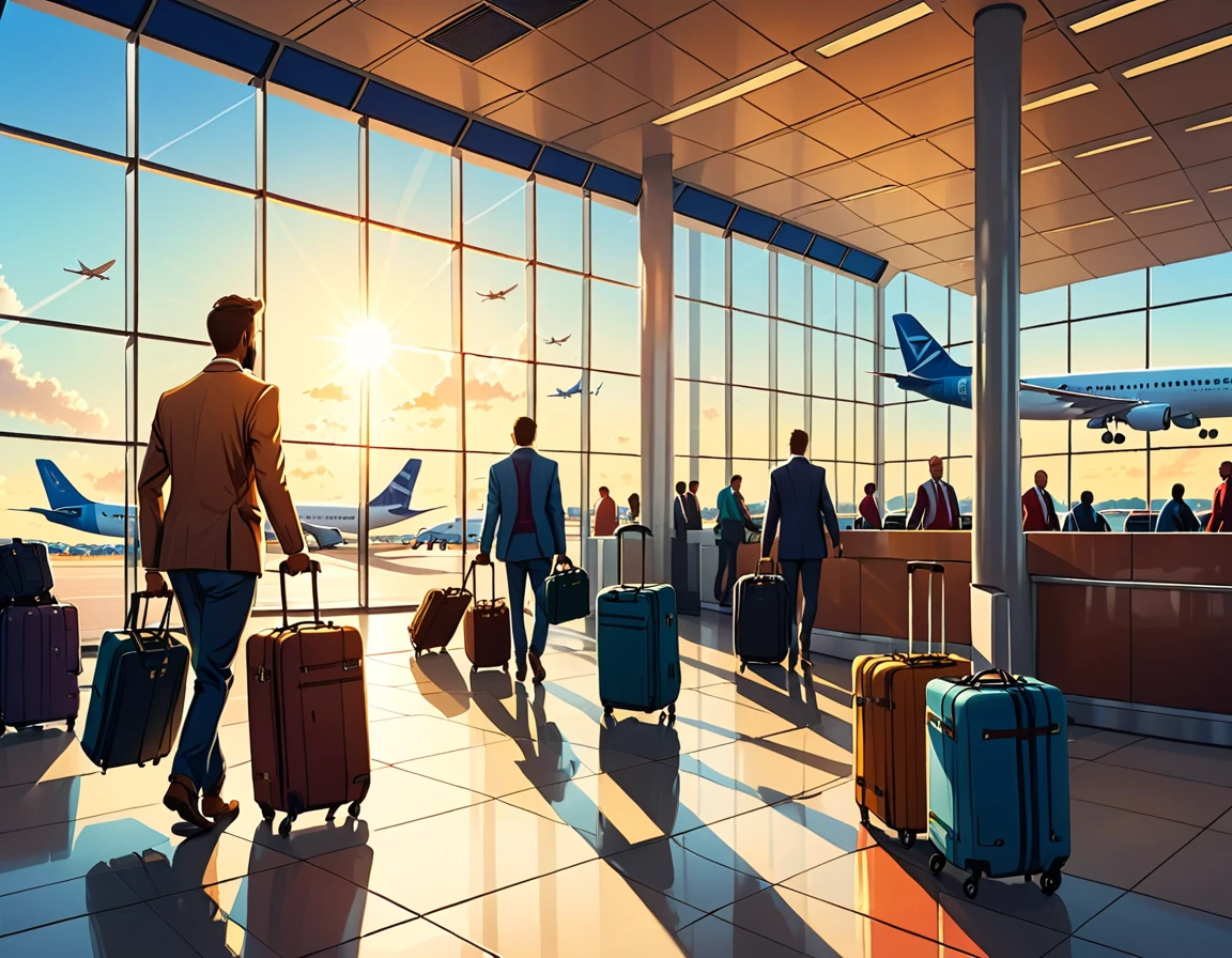 Departure lobby of the airport. The runway and airplanes can be seen through the large windows. People with suitcases line up at the check-in counter. A man walks strongly in the morning sun with a hopeful look on his face. He is pulling a suitcase.
