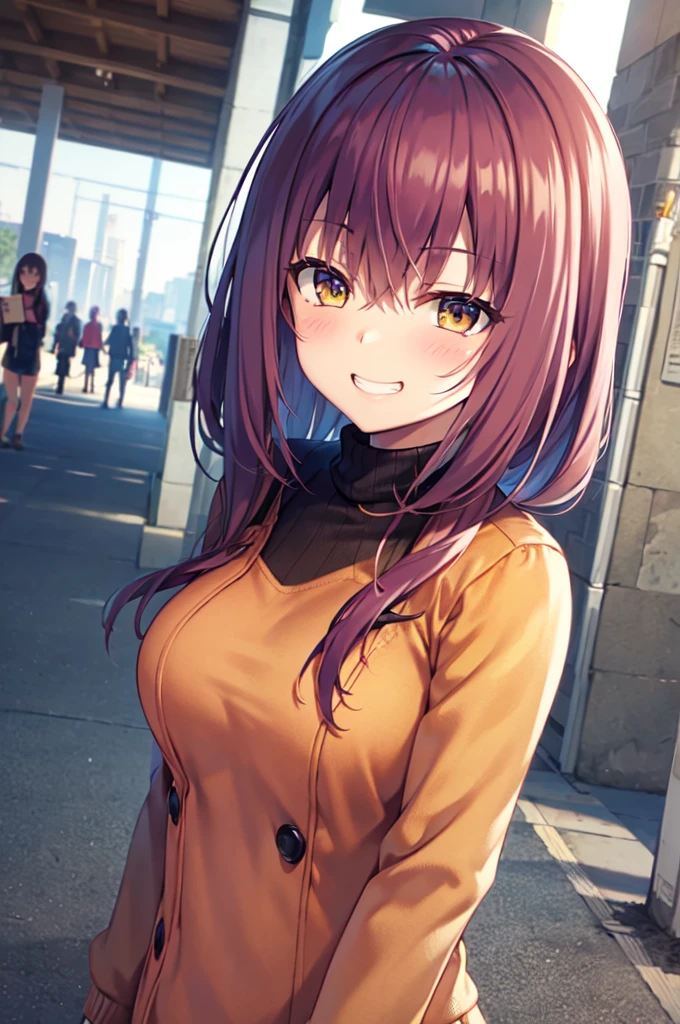 Masterpiece, best quality, highres, upper body, close up, detailed eyes, red hair, yellow eyes, white backround, long hair, blush, turtleneck sweater, beautiful eyes, large breaast, grin, ((hair down))