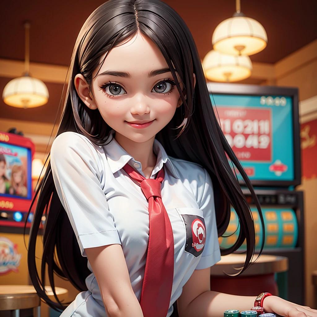 happy and smile, {{indonesian girl}}, {wearing high school uniform}, teasing and waiting customer play, standing, playing in casino, red casino background, polite and kind, Sweet Face,