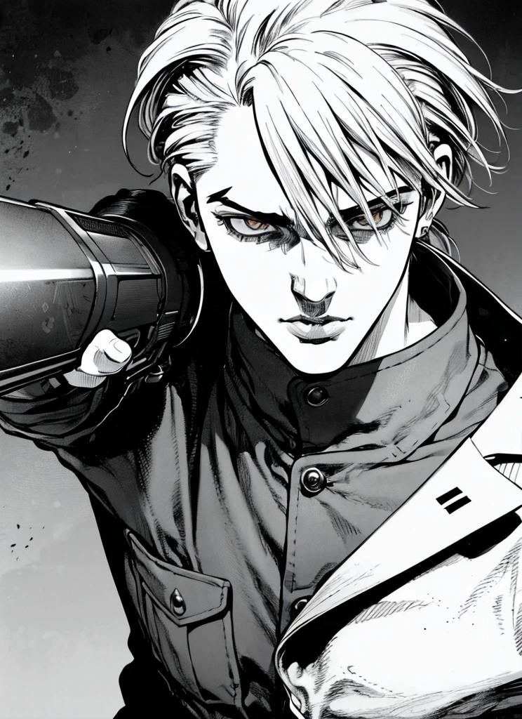 boichi manga style,  1boy, monochrome, greyscale, pointing gun, police uniform, white hair, ((masterpiece)), lips, eyes, ears, hair