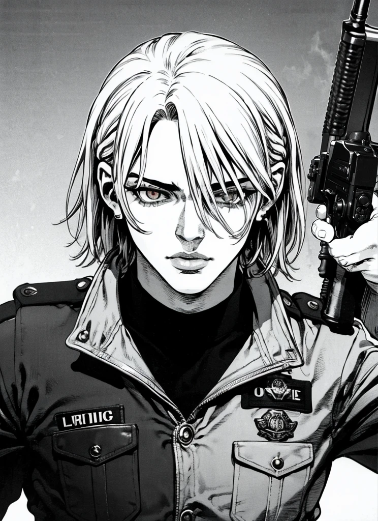 boichi manga style,  1boy, monochrome, greyscale, pointing gun, police uniform, white hair, ((masterpiece)), lips, eyes, ears, hair