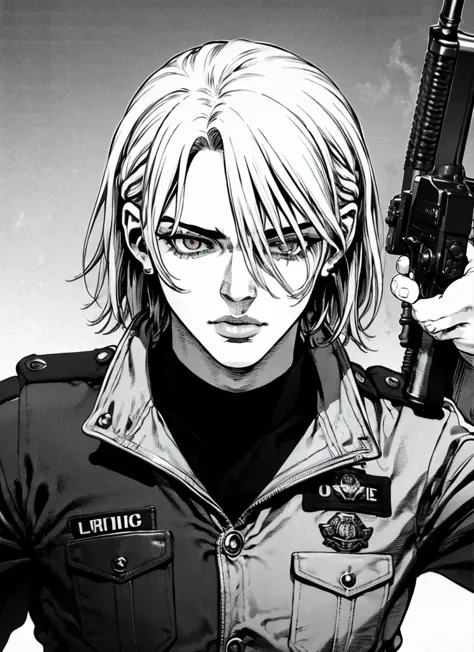 boichi manga style,  1boy, monochrome, greyscale, pointing gun, police uniform, white hair, ((masterpiece)), lips, eyes, ears, h...