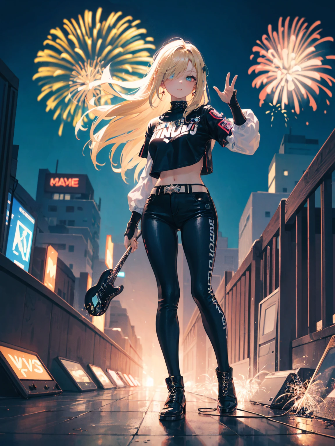 ((in the style of Jim Lee)) Render a full-body portrait of Marvel's Dazzler striking a fierce pose under a neon-lit city backdrop, (heterochromia), (messy hair), (hair over one eye), with fireworks exploding overhead. Long blonde hair, she's invoking her powers, so she has a trail of bright light behind her, illuminating her white punk rock outfit. Be sure to capture your unique sound waves emanating from your hands and include some vinyl records scattered around you to reference your music-themed powers.