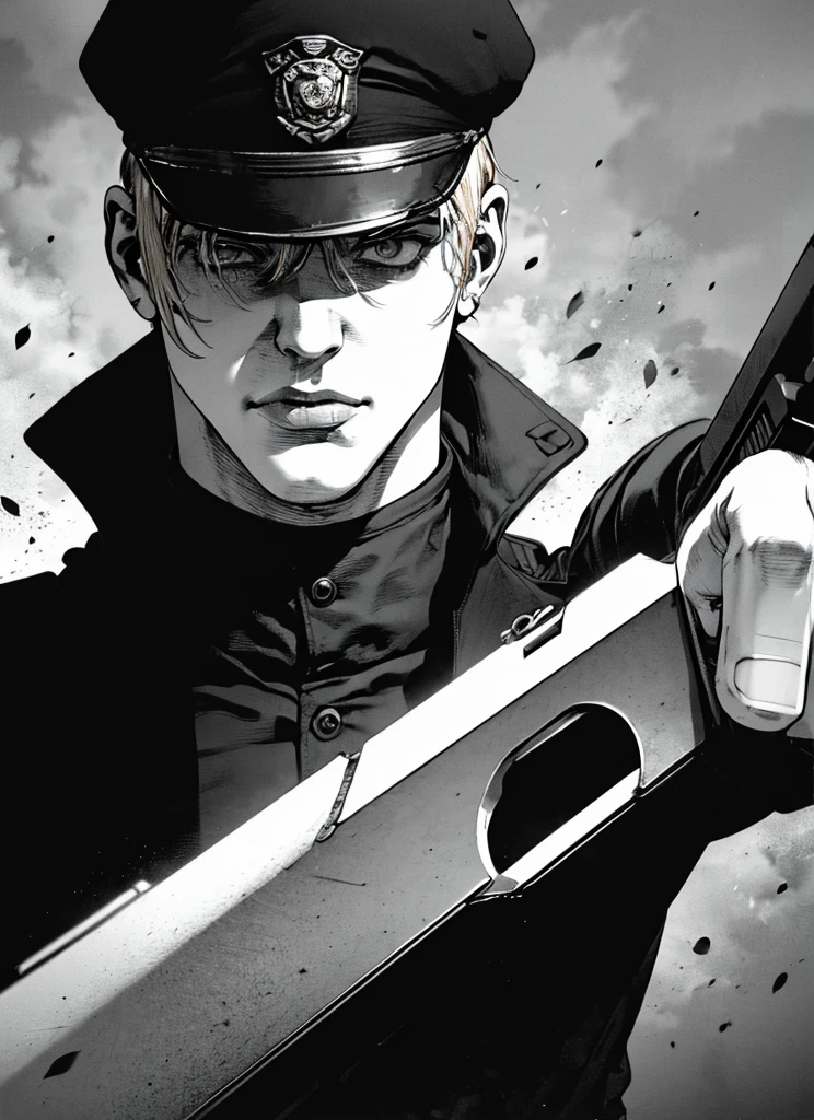 Boichi漫画风格,  1个男孩, 单色, 灰度, pointing 枪, 警察制服, white 头发, ((杰作)), 嘴唇, 眼睛, 耳朵, 头发, 手, good 手, 枪, holding a 枪