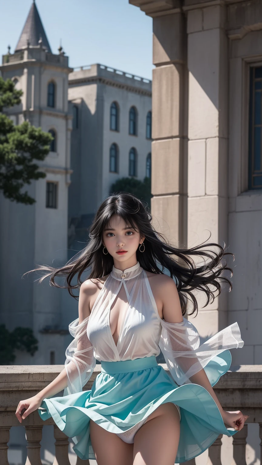 ((Girl standing on the balcony of an old castle))、Fluorescent color、1 Girl、Look to the side、Beautiful Face、Beautiful Eyes、（Off the shoulder：1.2）、Upper Body、Shiny Hair、Glowing Skin、 Reduce glare、Adjusted finger proportions、escrow、ass pov、Dynamic Angle、(((Master Parts)))、(((Highest quality)))、(((Super-detailed))) detailed）、（An illustration）、（Detailed light）、（Very delicate and beautiful）、dramatic_Shadow、Ray_Tracking、reflection、 Ultra-high resolution、((Colorful and black hair mesh girls))、 Her hair flutters in the wind、(big deep blue eyes)、Black-haired woman、 Sparkling butterfly、Black-haired woman、Points of light around the woman、Magical Aura、Green dot、About Auras Nature、超Magical AuraBlack-haired woman,((Off the shoulder semi-transparent white dress:1.3))、(Sleevelesy skirt is flying up in the wind)),((An old European castle looms in the distance)),((White panties are visible)),