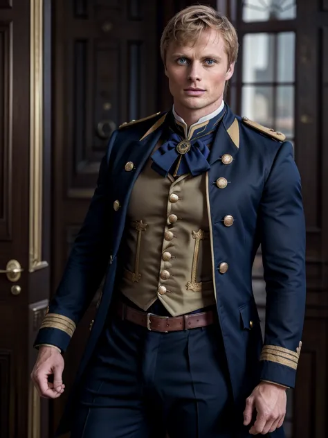 Bradley James handsome Victorian captain. The captain is 55 years old, muscular, blond, dressed in a ceremonial uniform, tight-f...