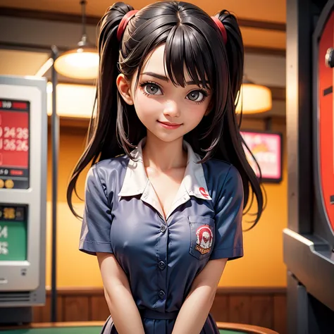 happy and smile, {{indonesian girl}}, {wearing high school uniform}, teasing and waiting customer play, standing, playing in cas...